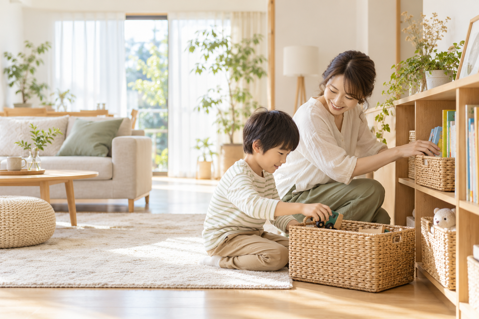 親子で一緒にものを選び、片づける様子